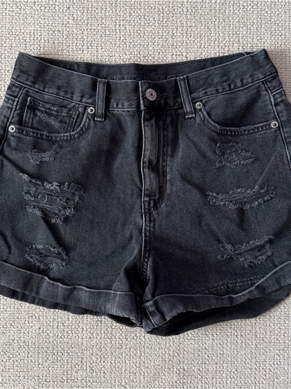 American Eagle Black Distressed Denim Mom Shorts